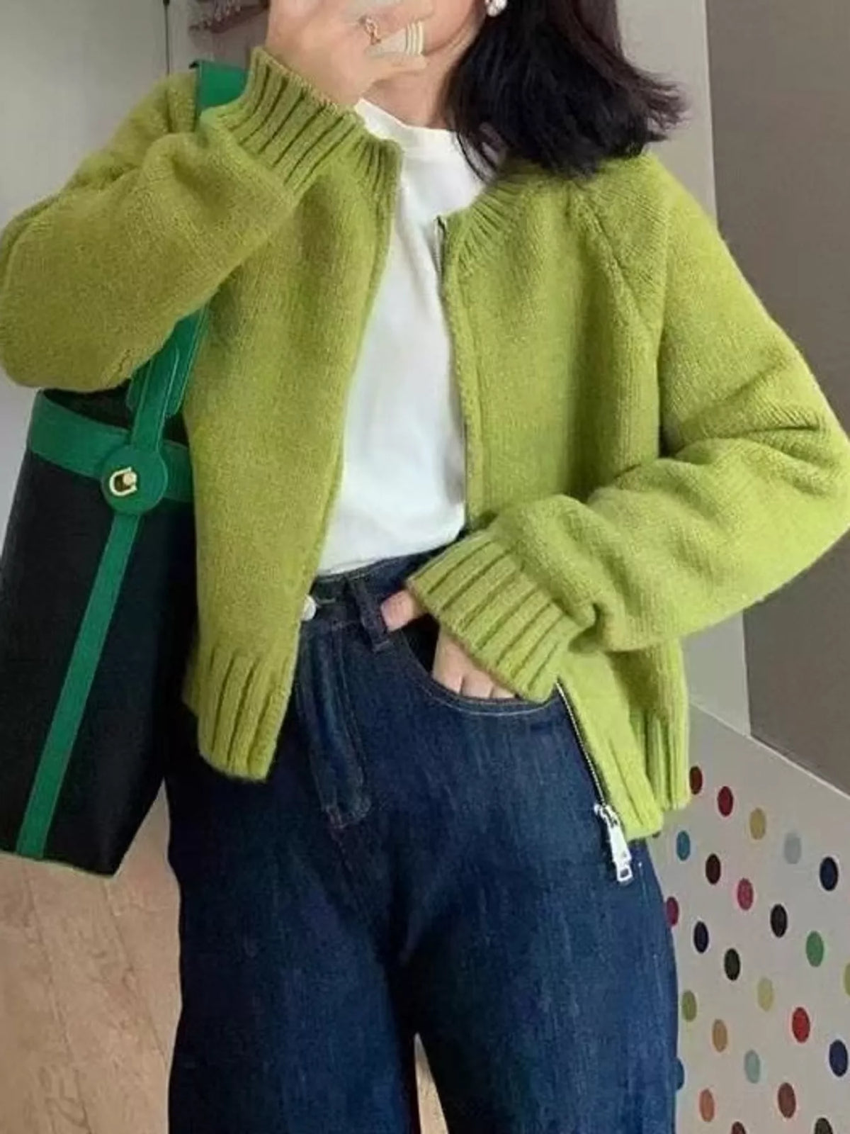 Ribbed Hem Zip-Up Cardigan