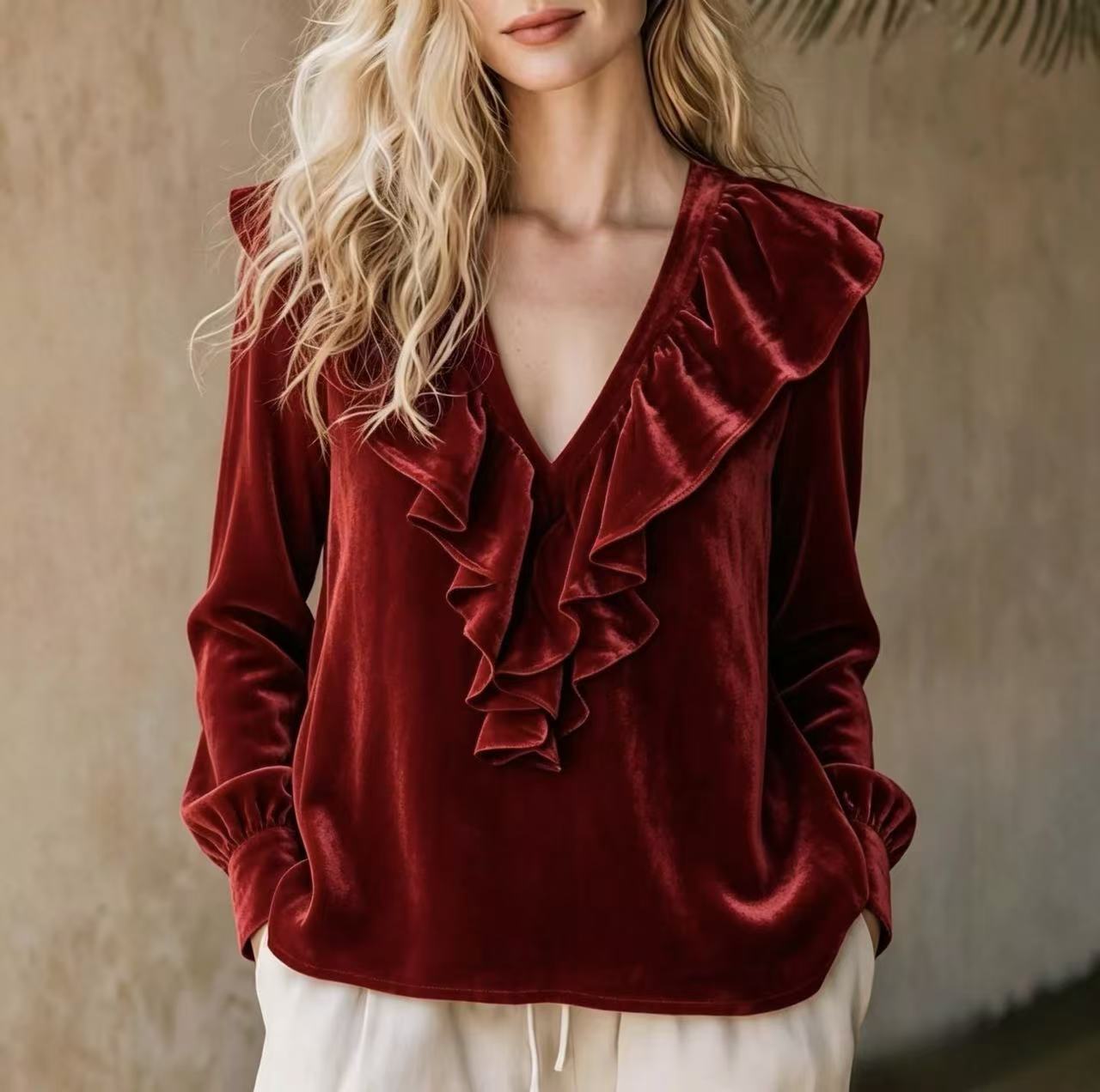 Velvet Ruffle V-Neck Blouse