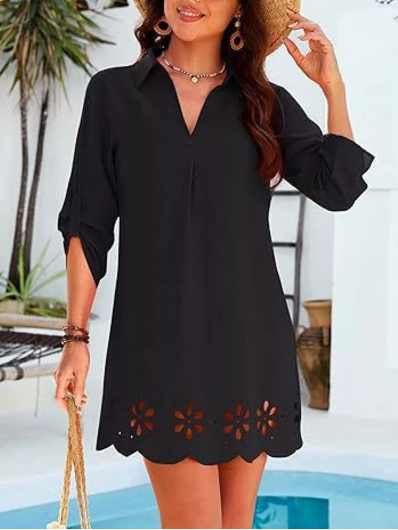 Scalloped Eyelet Hem Roll-Up Sleeve Dress