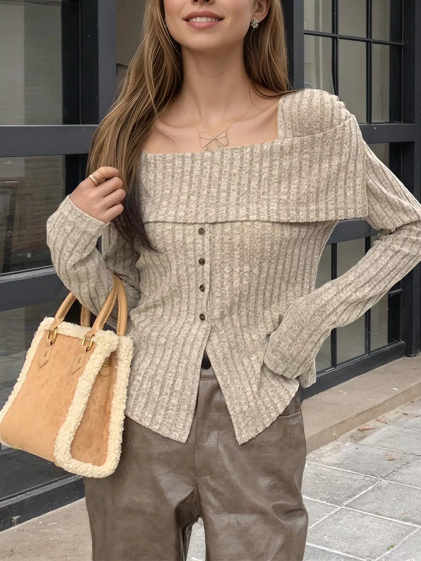 Ribbed Square Neck Long Sleeve Top