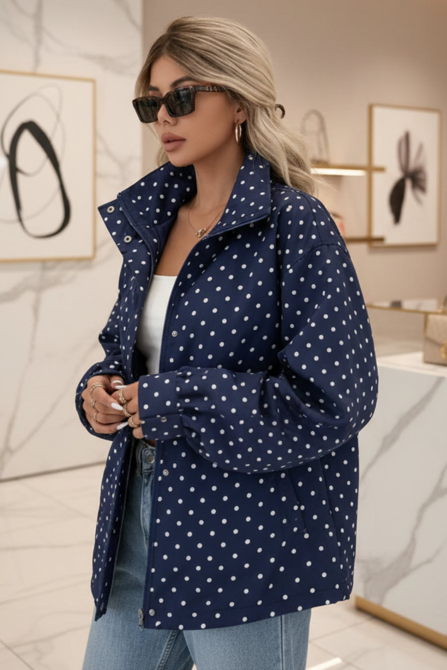 Polka Dot Zip-Up Jacket – Relaxed Fit