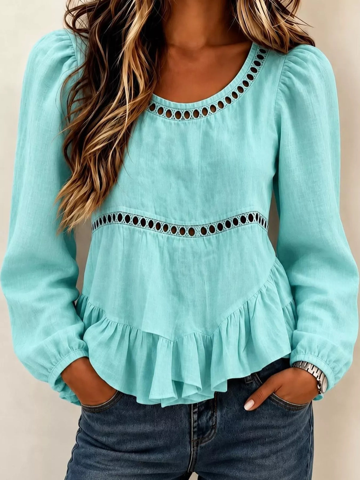 Long Sleeve Blouse with Eyelet Lace Trim and Ruffled Hem