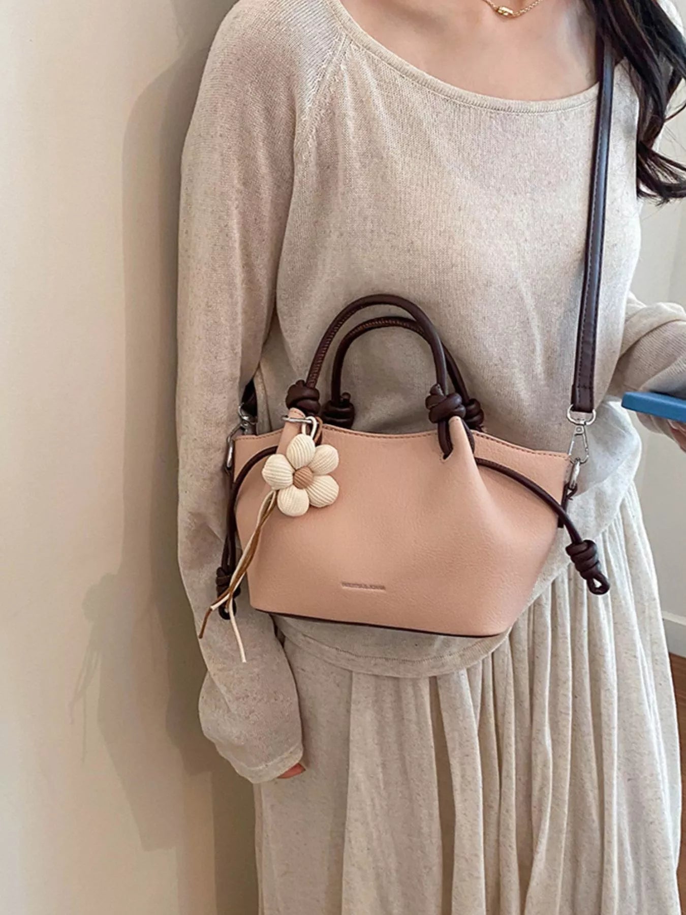 Leather Crossbody Bag with Flower Charm