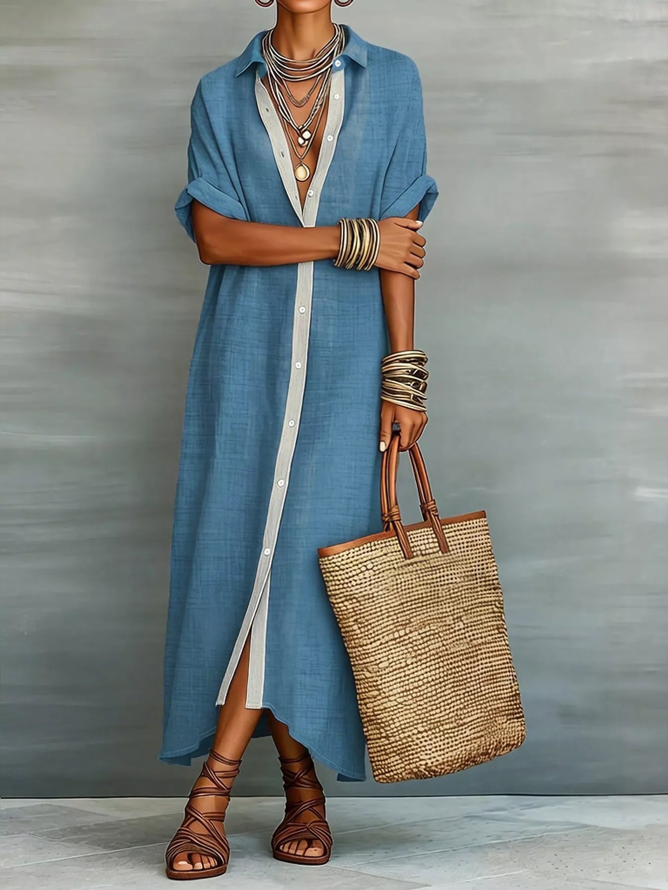 Casual Linen Shirt Dress with Button-Down Front