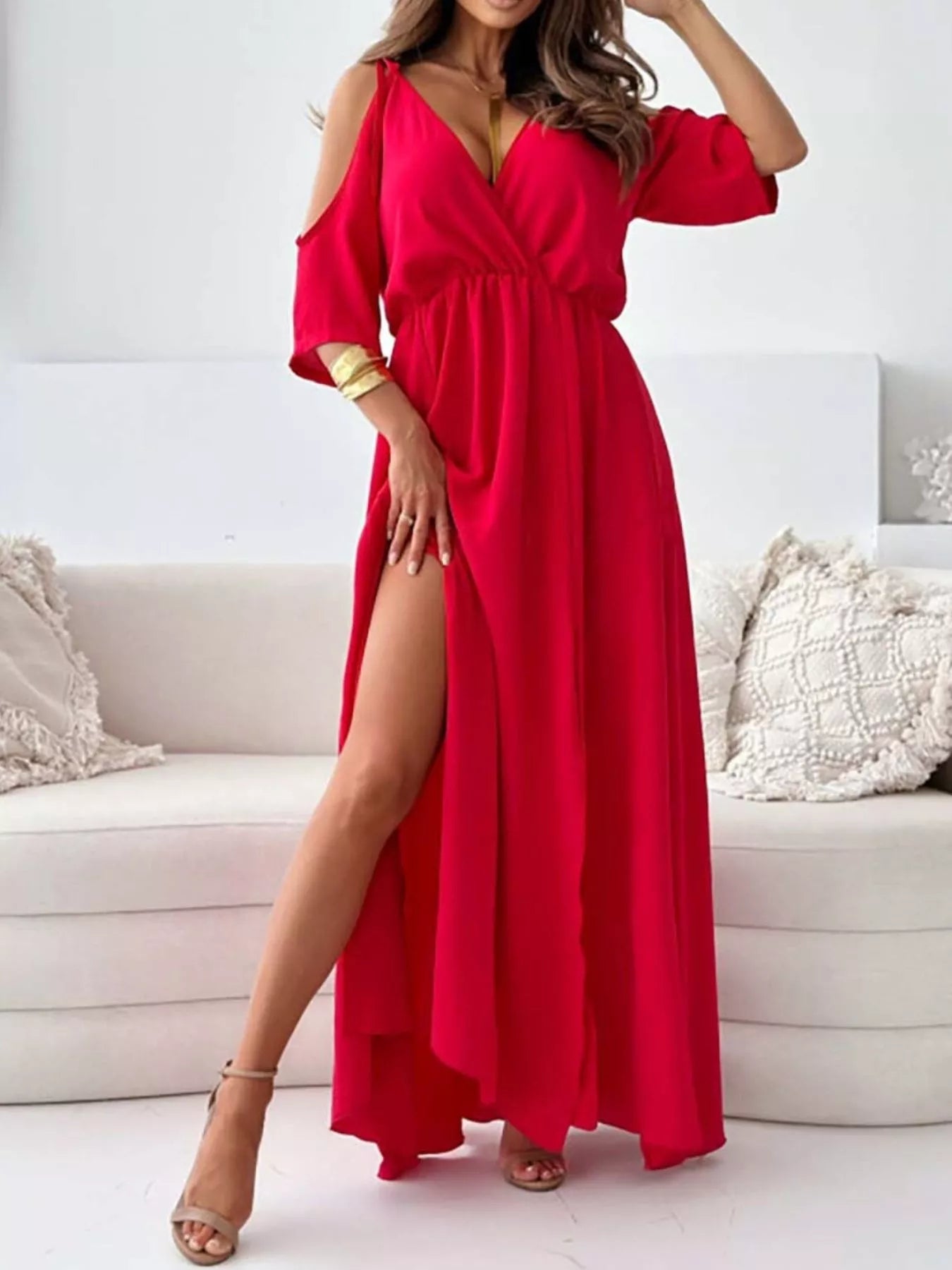 Slit Cold Shoulder Maxi Dress