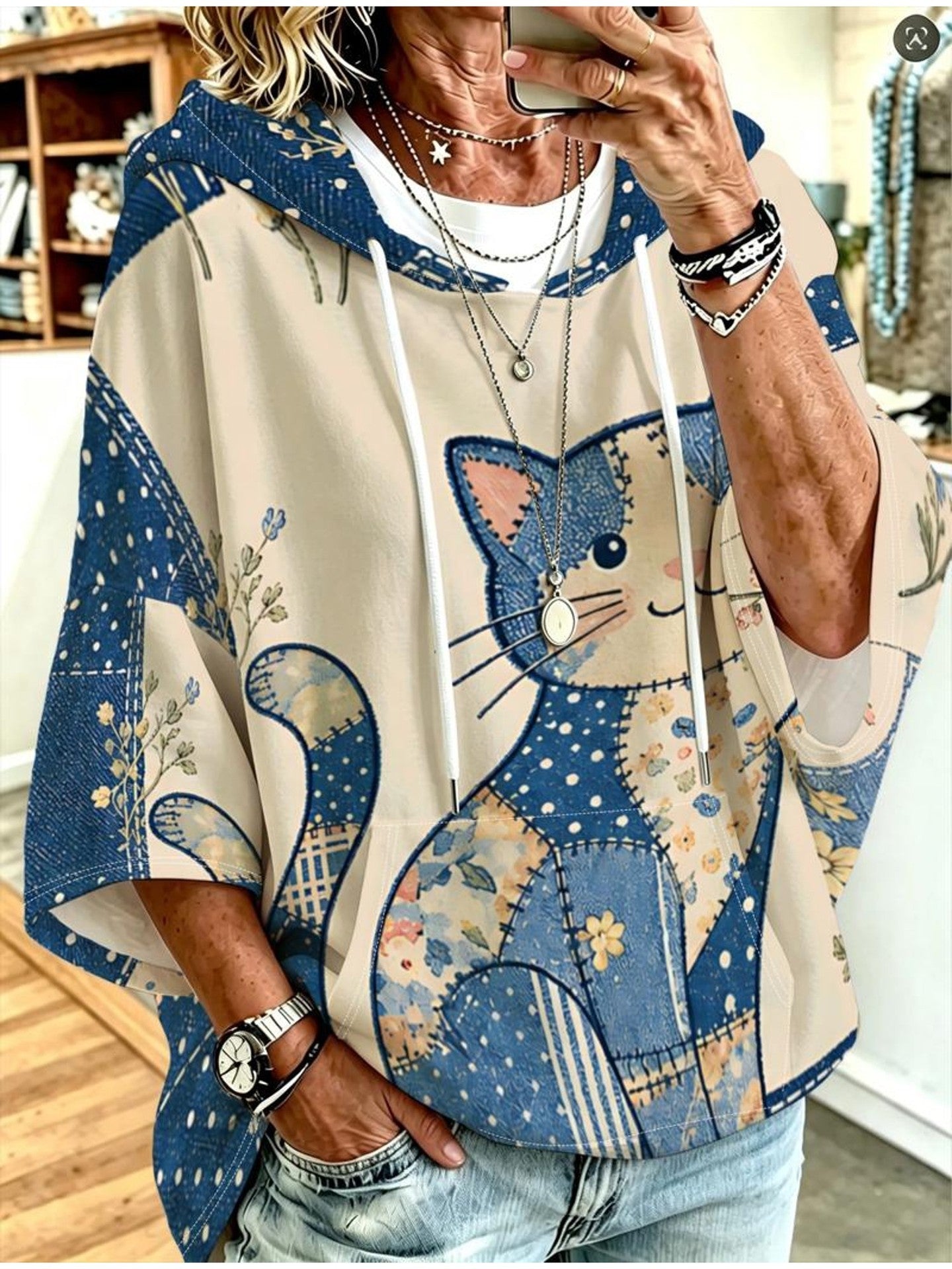 Women's Graphic Print Drawstring Hoodie – Three-Quarter Sleeves