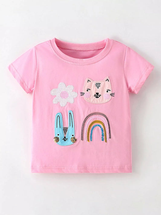 Children's Cute Cartoon Applique Short Sleeve T-Shirt