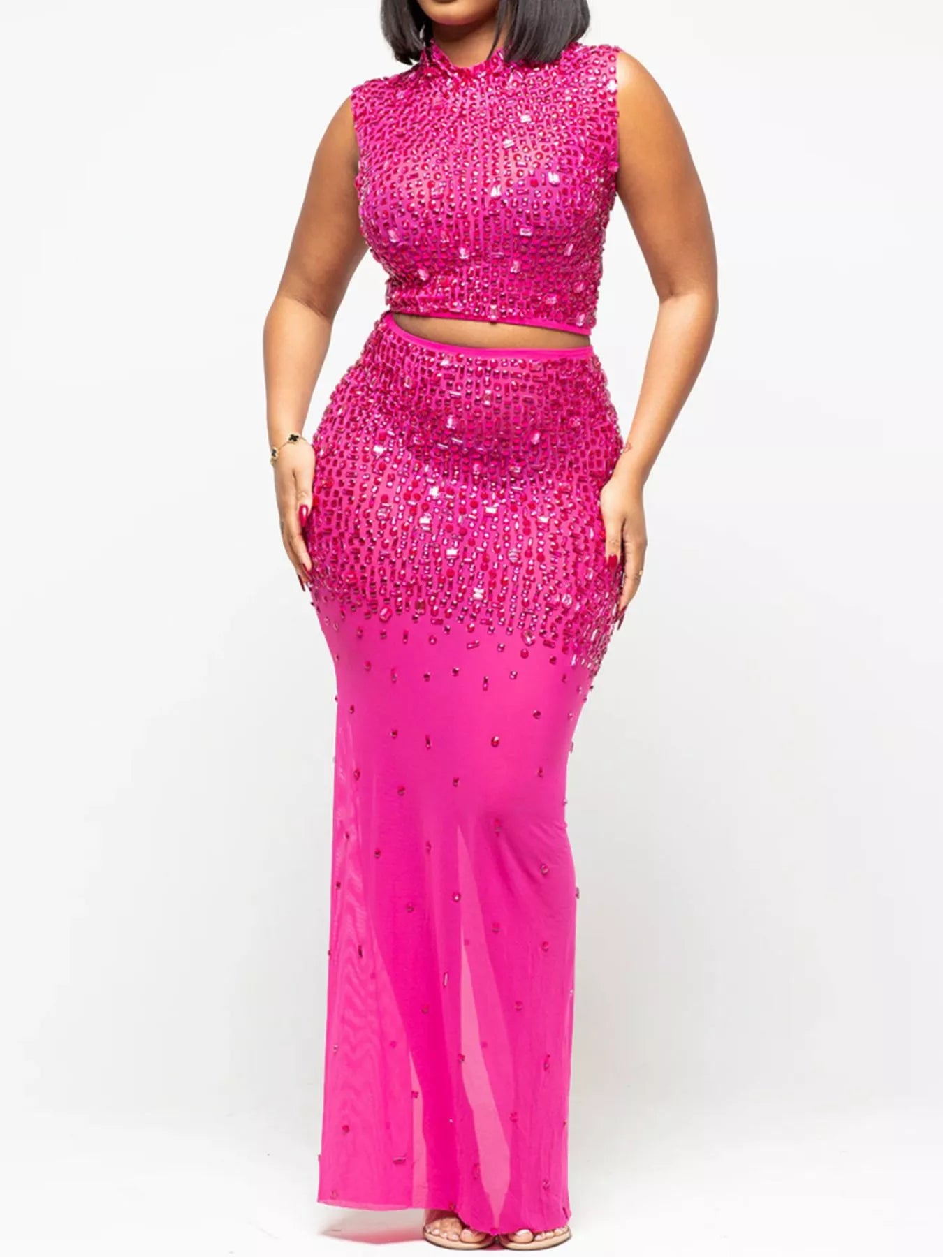 Rhinestone Sleeveless Top and Skirt Set