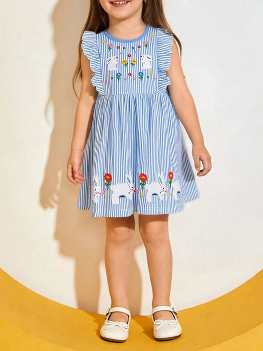 Children's Striped Bunny Embroidered Ruffle Sleeve Dress