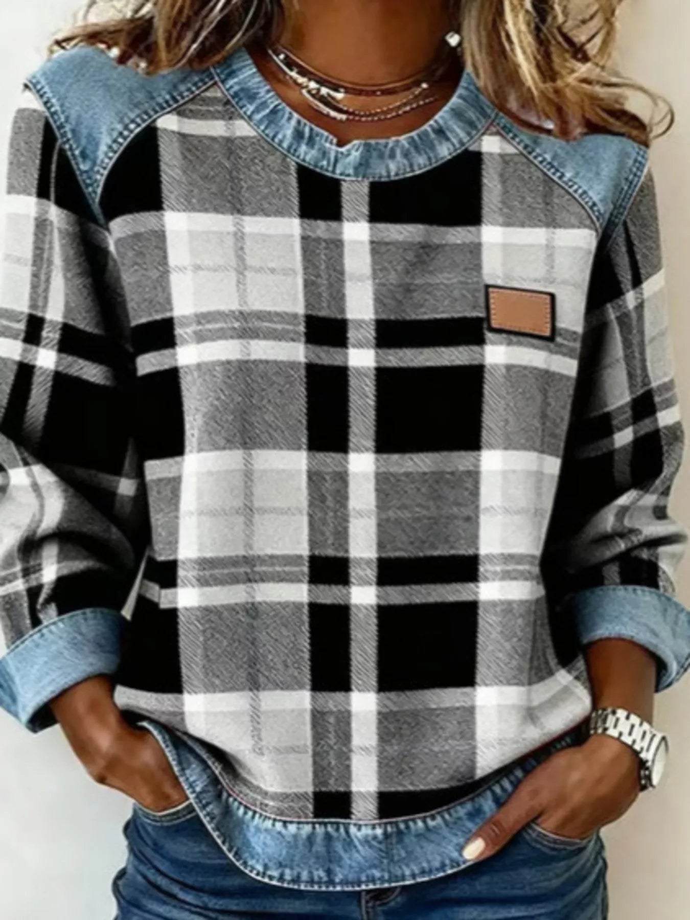 Full Size Plaid Denim Trim Long Sleeve Sweatshirt Plus Size