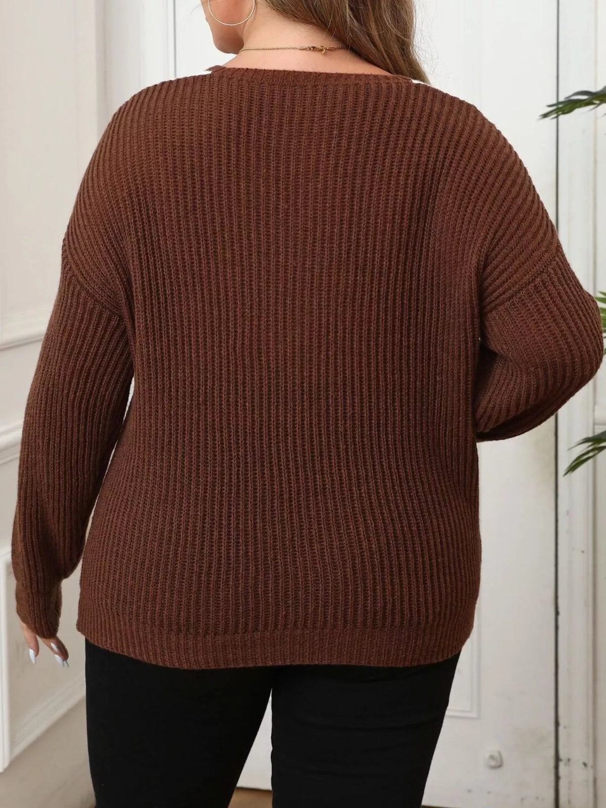 Plus Size Contrast Trim Button-Decorated Sweater