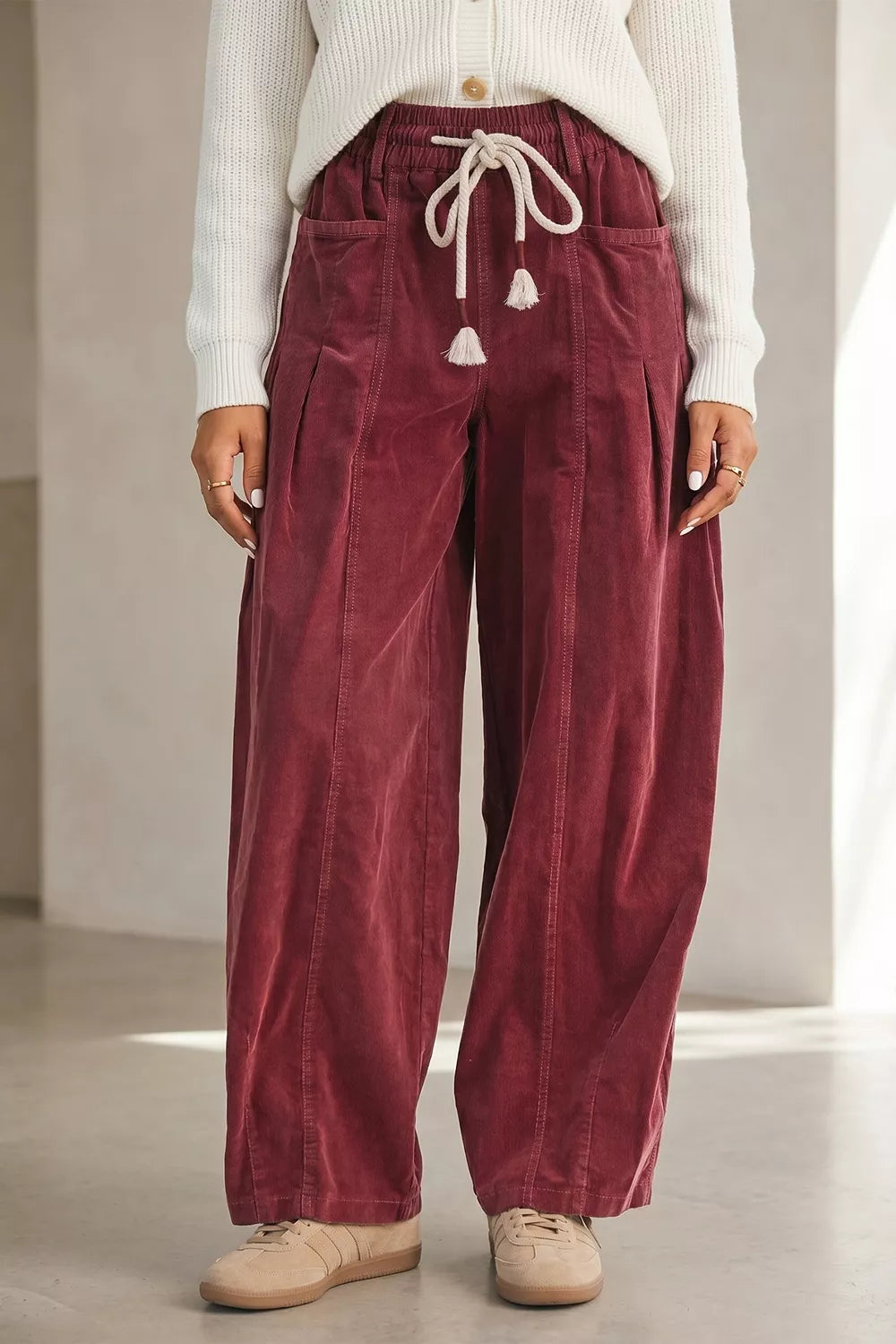 Elastic Waist Drawstring Corduroy Casual Pants