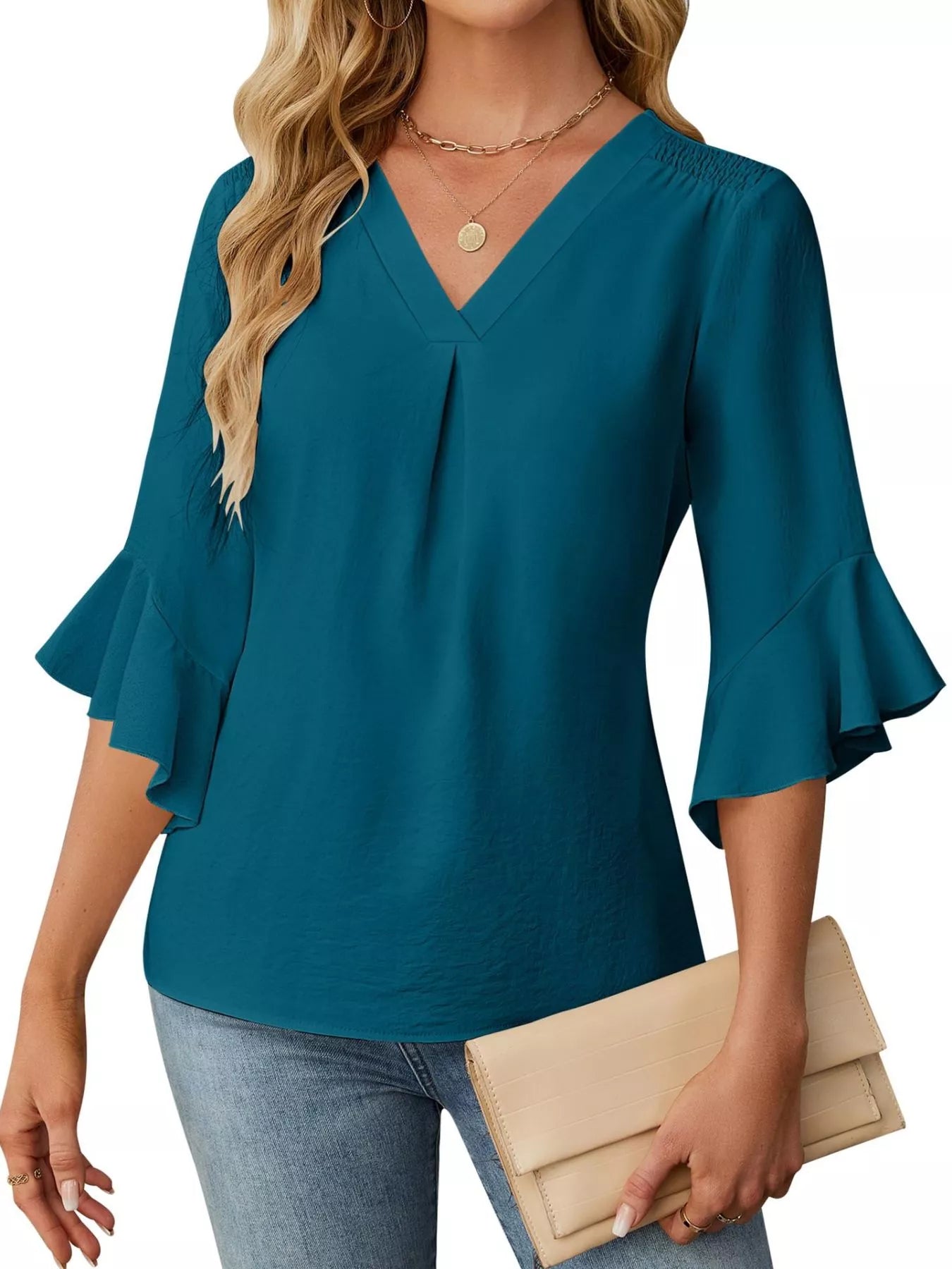 V-Neck Ruffle Sleeve Blouse
