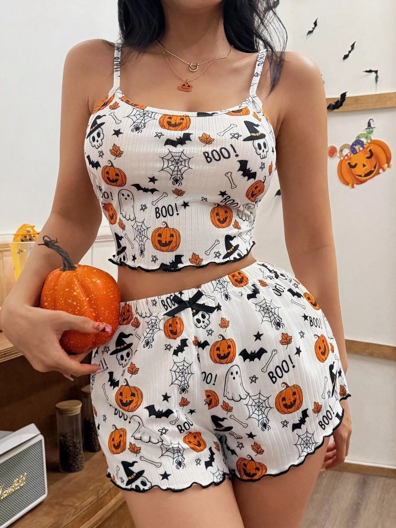 Halloween Pumpkin Print Cami and Shorts Lounge Set