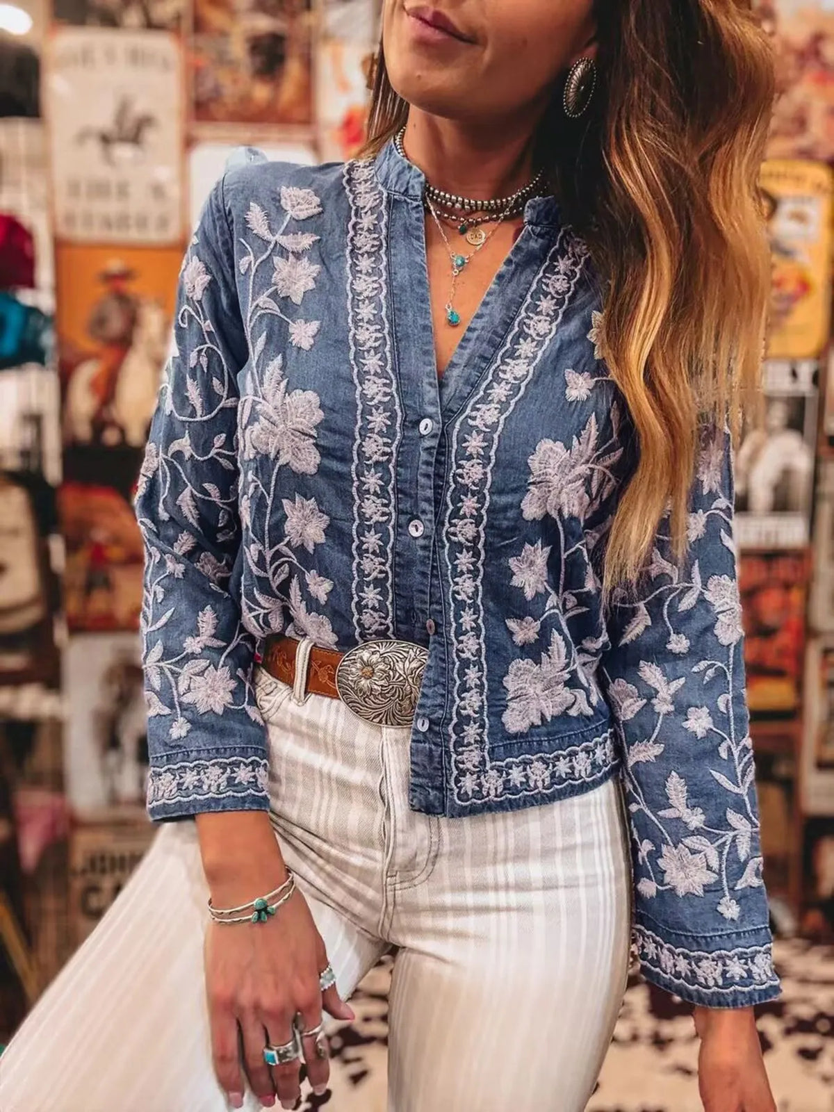 Floral Embroidered Button Up Denim Shirt
