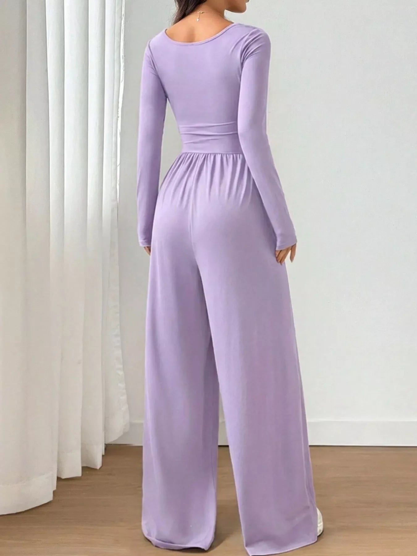Ruched Square Neck Wide-Leg Jumpsuit