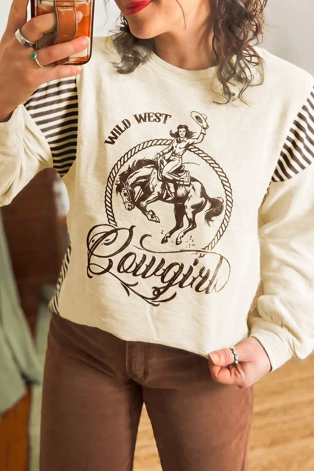 Western Graphic Striped Detail Long Sleeve Casual Top