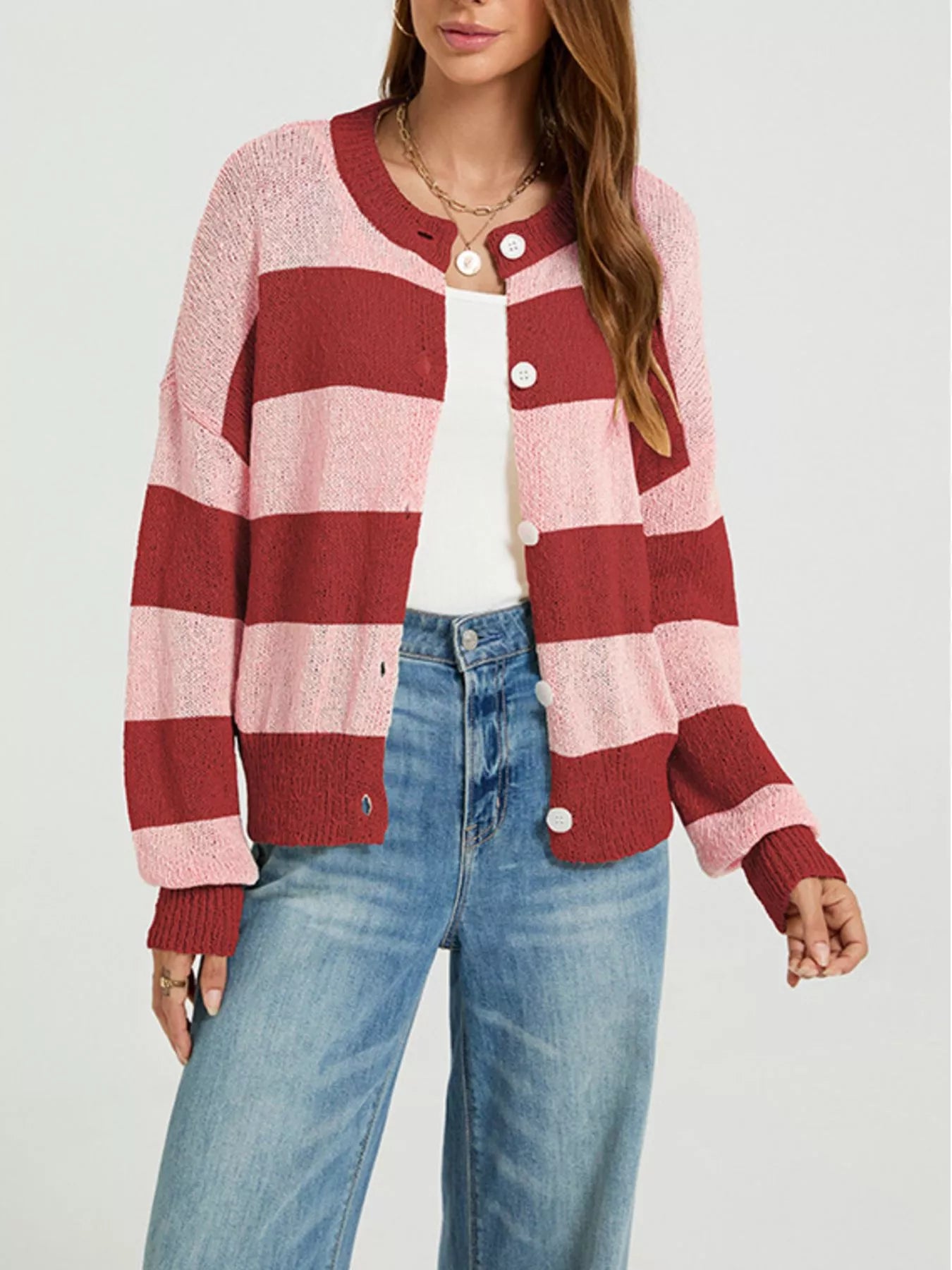 Casual Striped Button-Down Knit Cardigan
