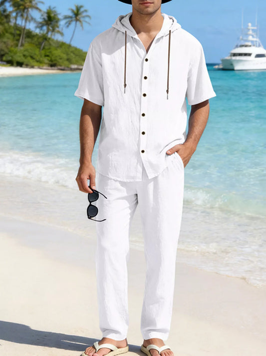 Men's Full Size Button Up Hooded Top and Pants Set Plus Size