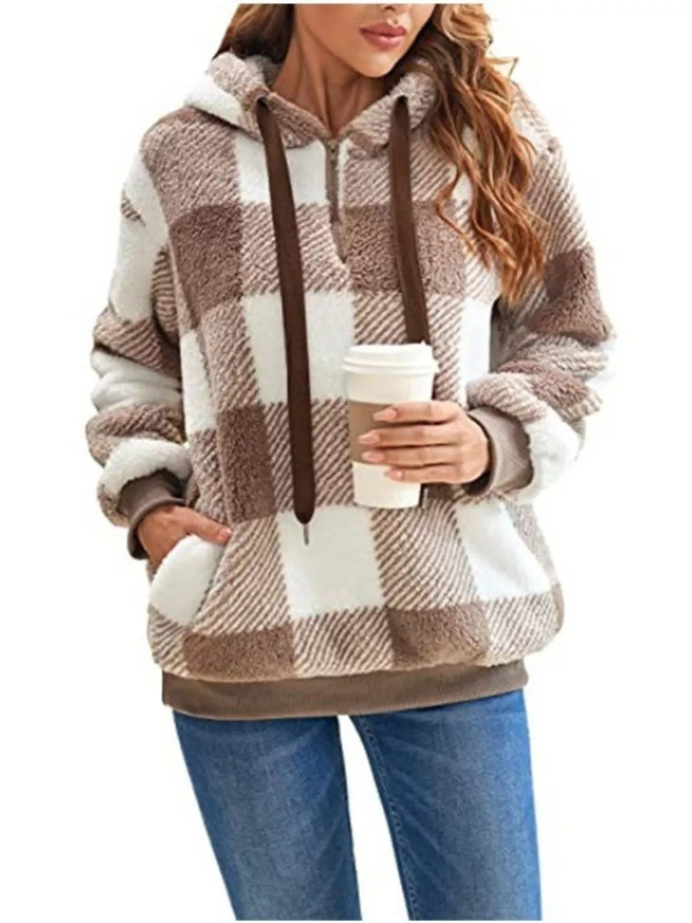Full Size Plaid Sherpa Drawstring Hoodie Plus Size
