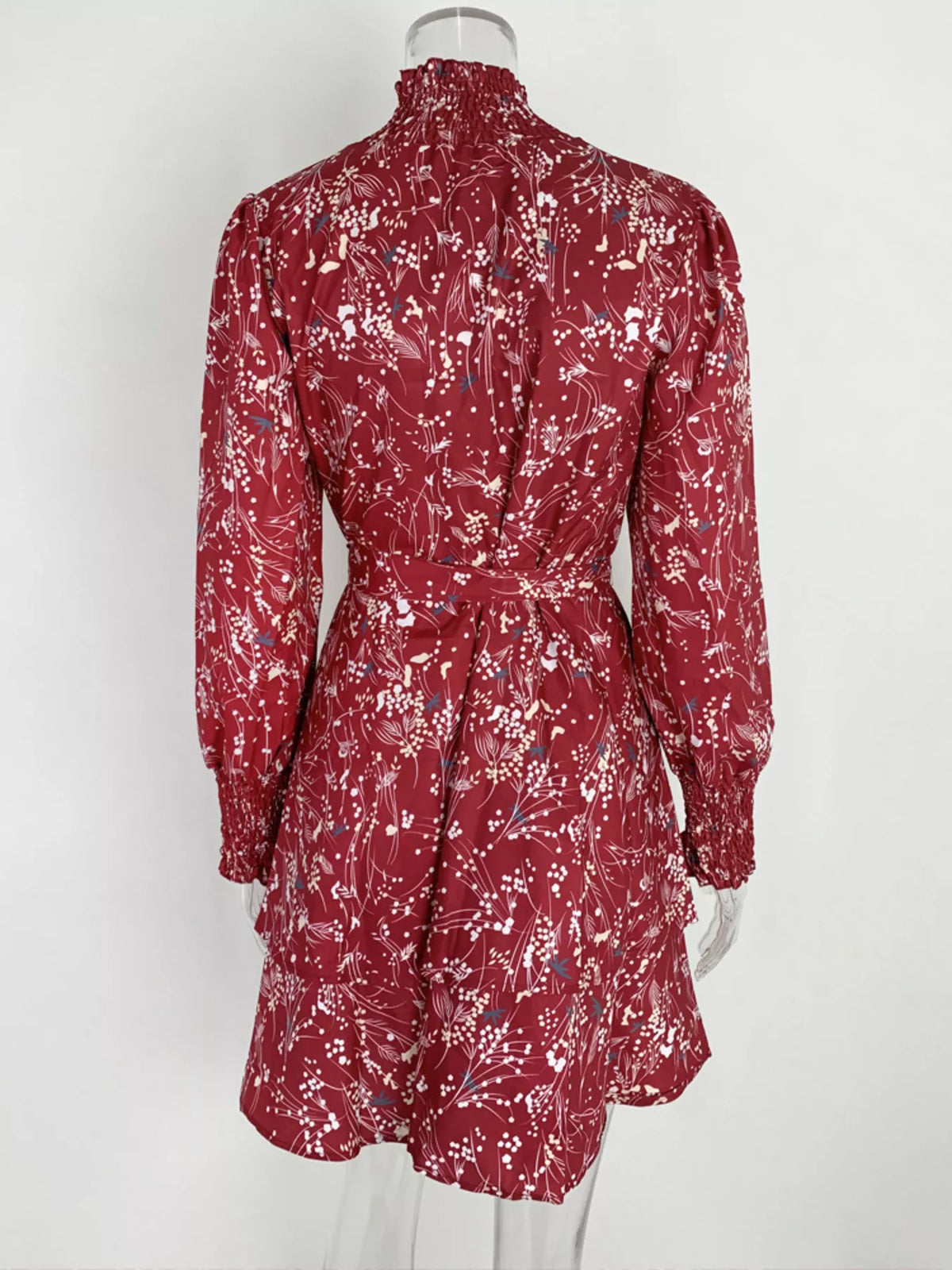 Plus Size Floral Print Mock Neck Long Sleeve Ruffle Hem Mini Dress