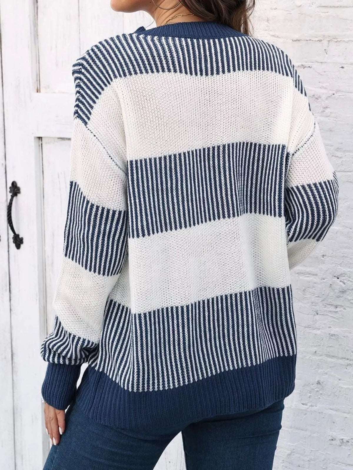 Full Size Striped Color Block Crew Neck Sweater Plus Size