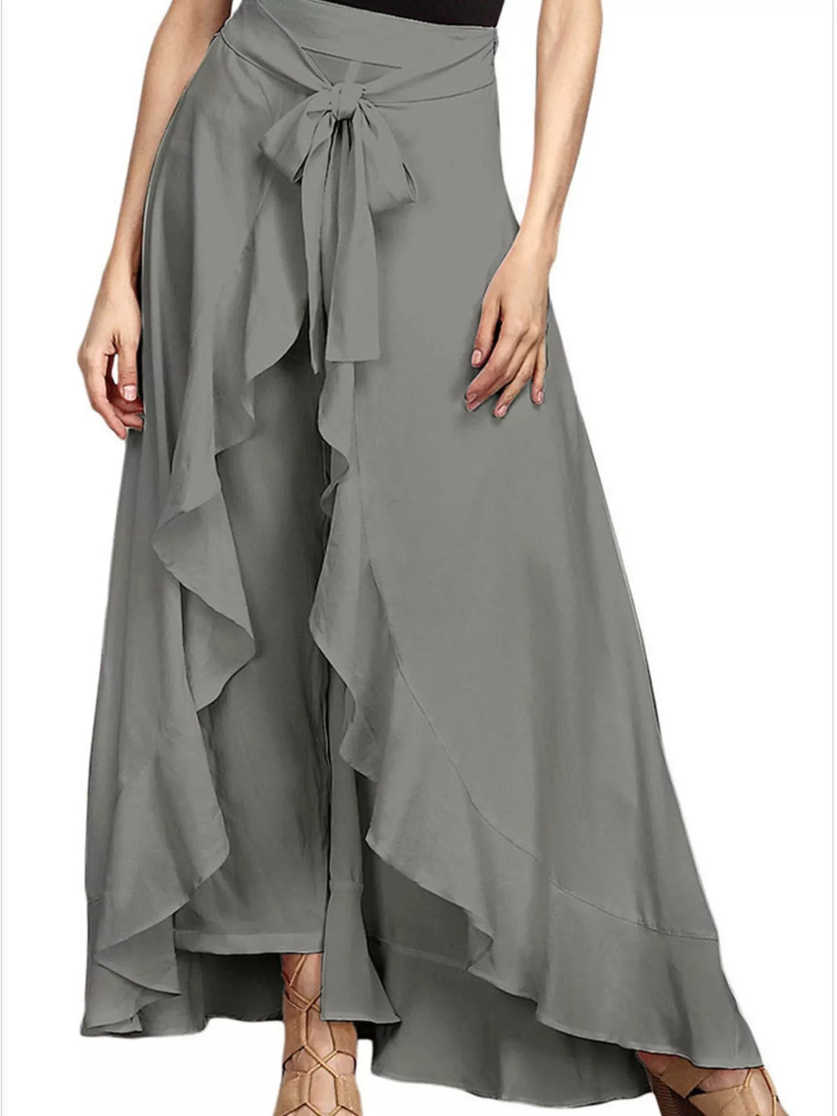 Full Size High-Waisted Tie-Front Ruffled Wide-Leg Pants Plus Size