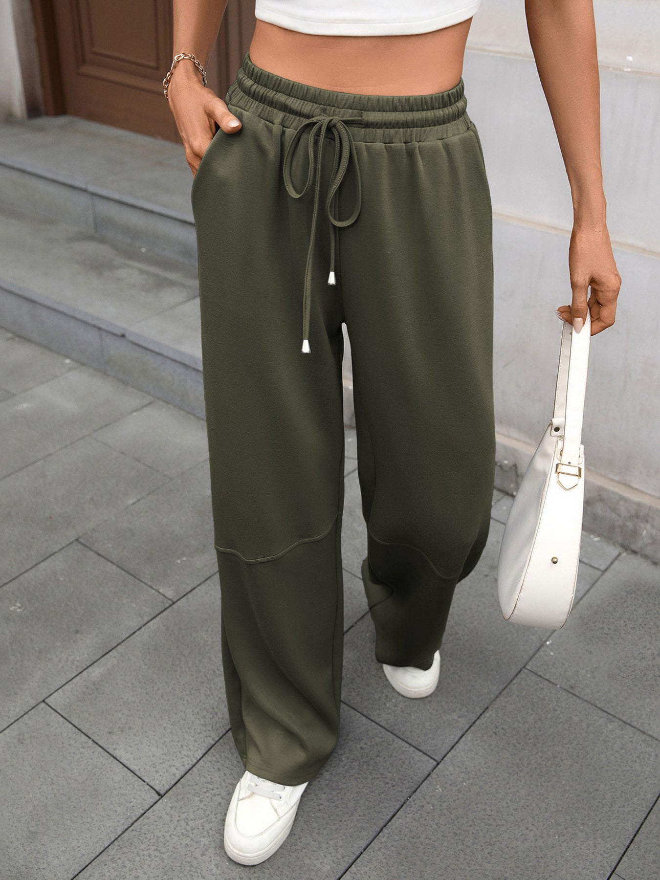 Drawstring High Waist Wide Leg Casual Pants