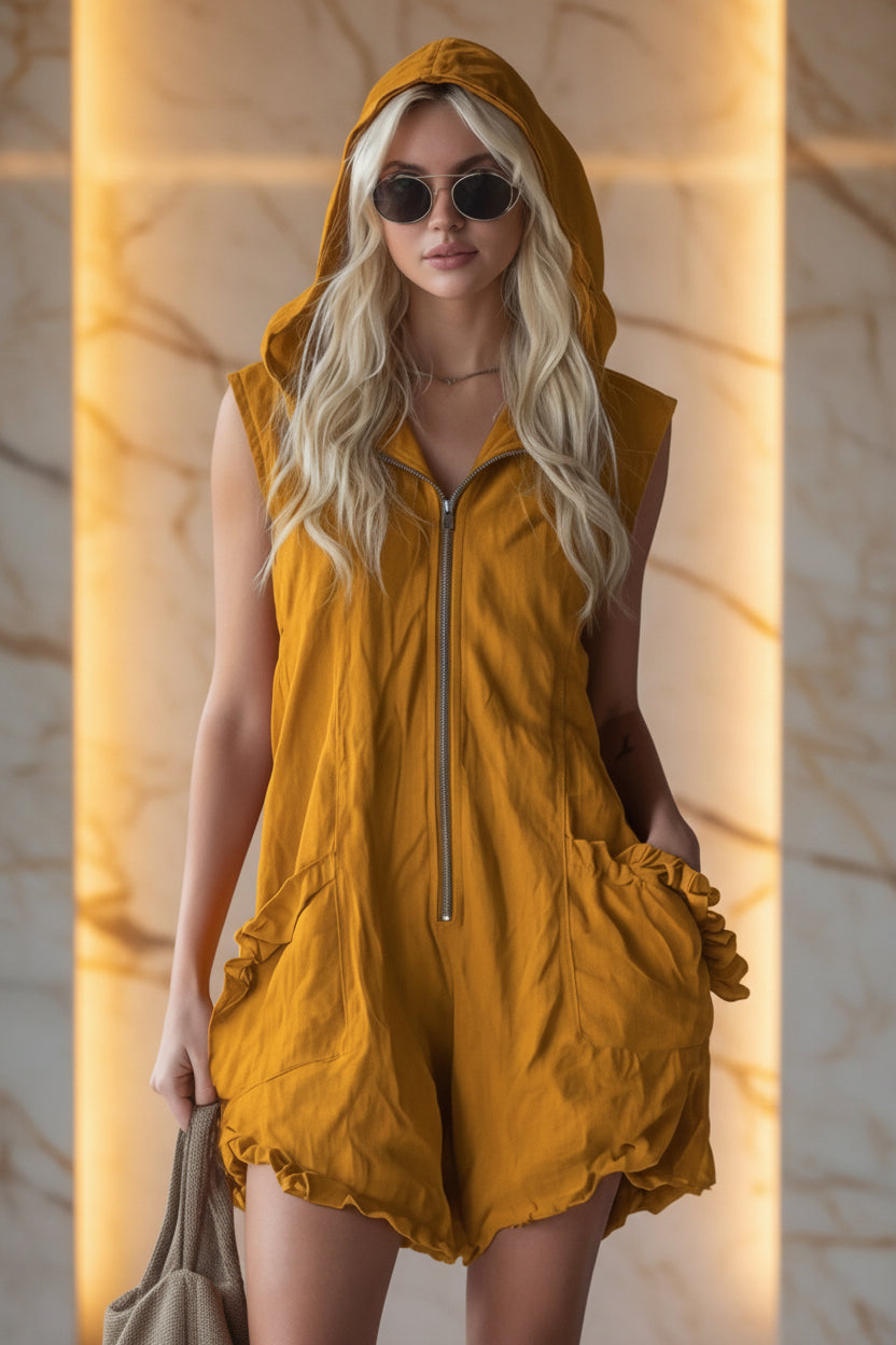 Hooded Zip-Up Linen Romper | Ruffle Pocket & Hem | Sleeveless Boho Jumpsuit