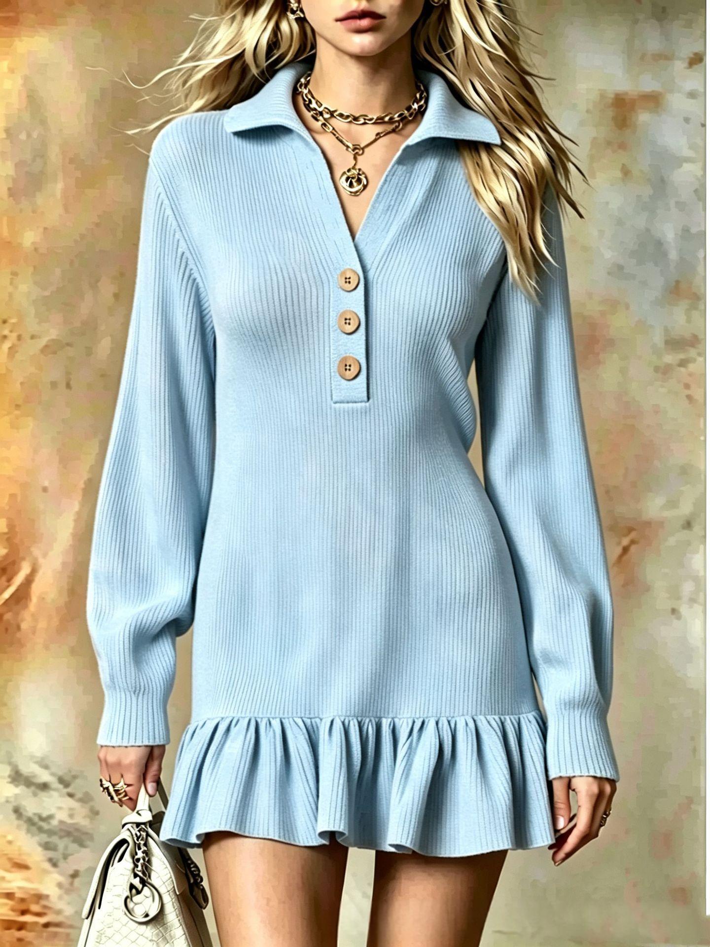 Ribbed Knit Polo Dress | Ruffle Hem Mini | Button-Neck Long Sleeve Dress