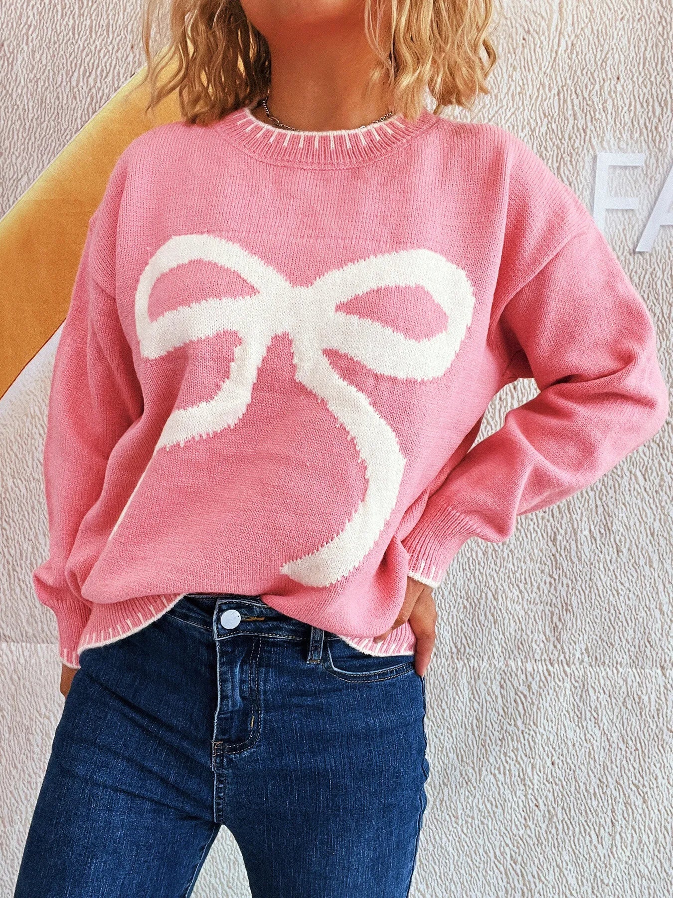Bow Pattern Round Neck Sweater
