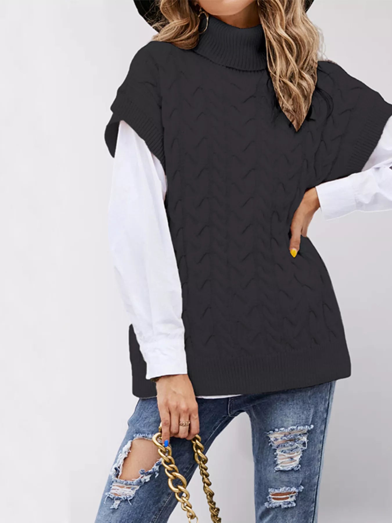 Chunky Knit Turtleneck Cap Sleeve Sweater