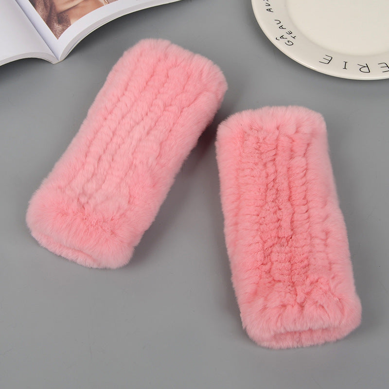 Winter Wristband Mid-Length Gloves - Rex Rabbit Fur Insulation With Striped Half-Finger Design
