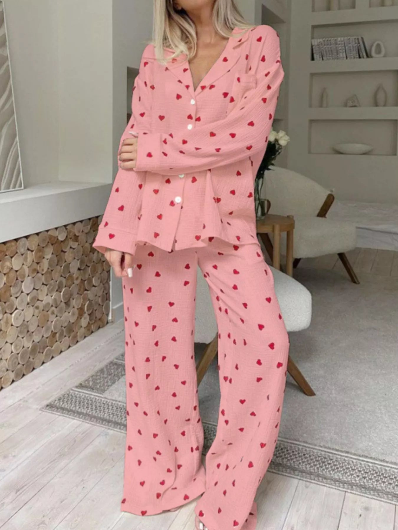 Heart Print Long Sleeve Top and Pants Lounge Set