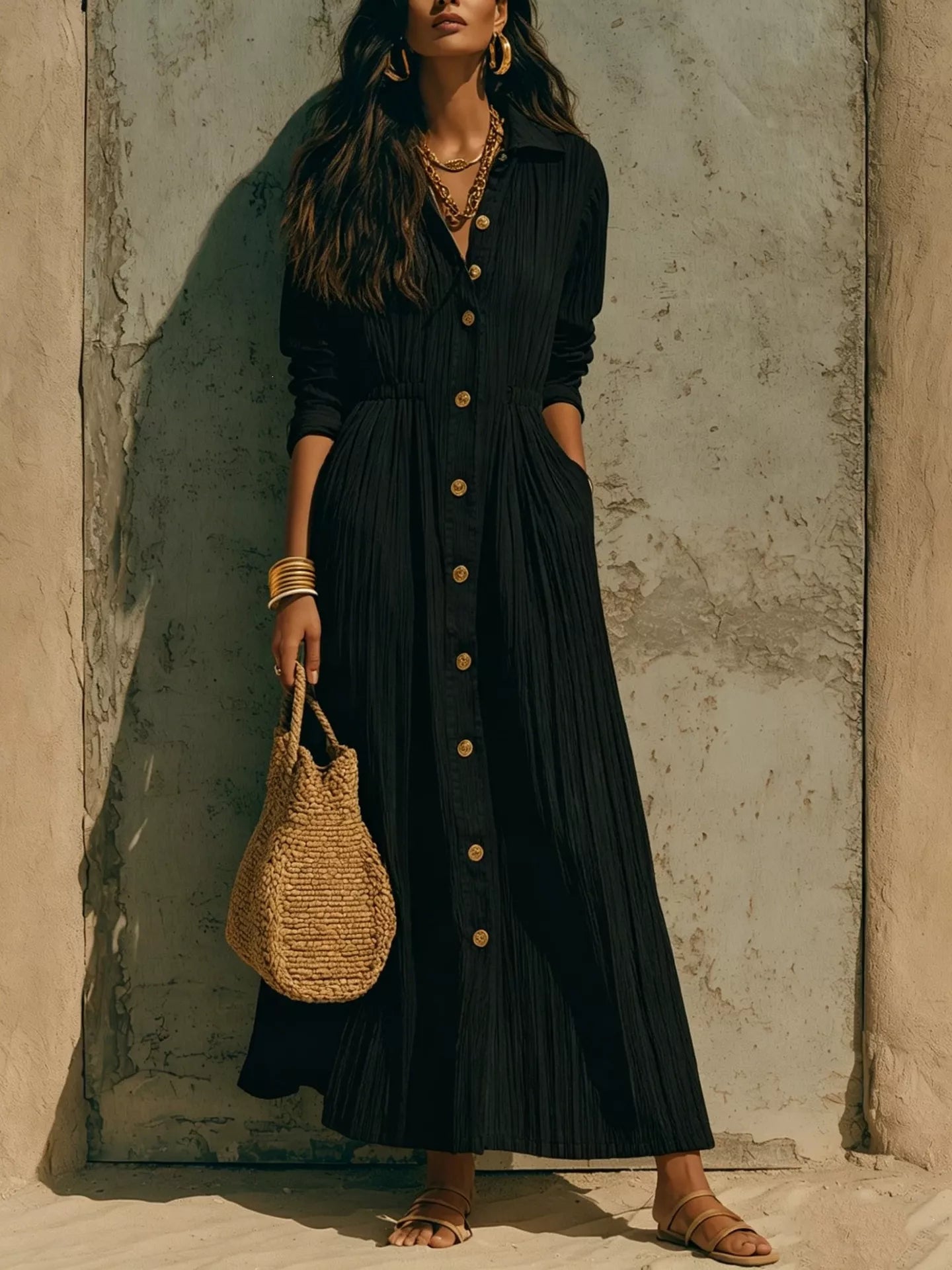 Full Size Textured Button Front Long Sleeve Maxi Dress Plus Size