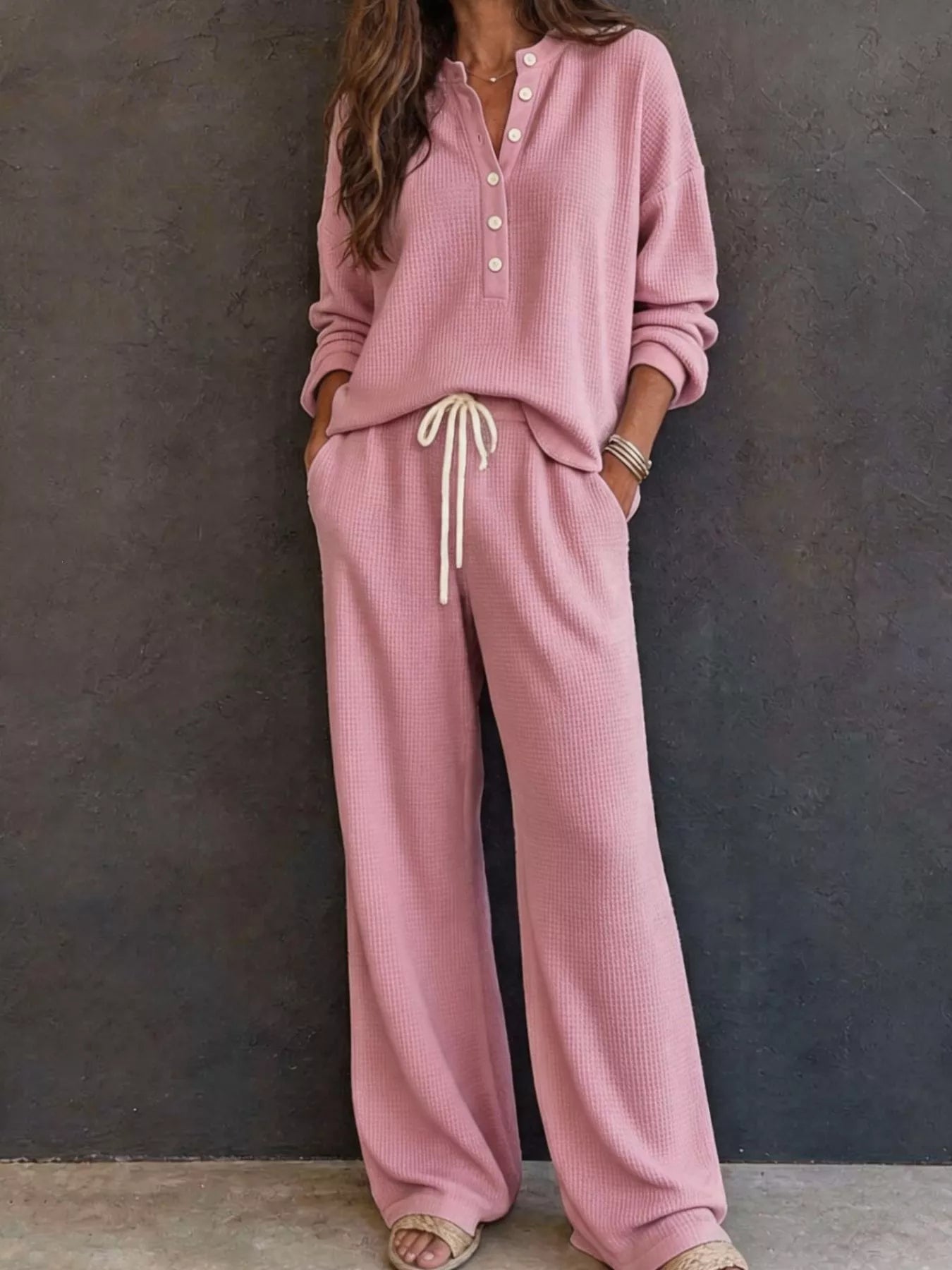 Waffle Knit Henley Top and Wide Leg Pants Set