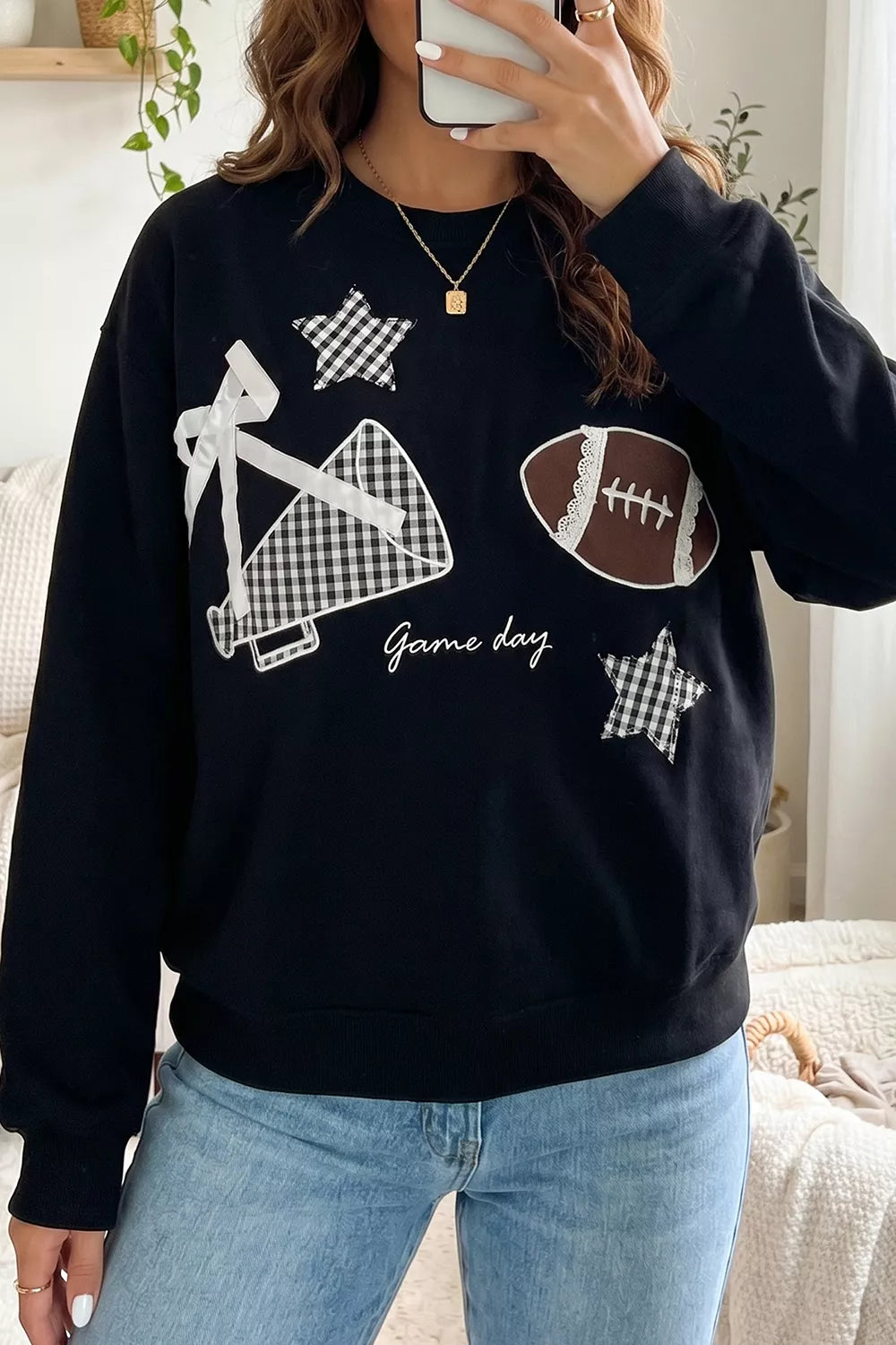 Gingham Patch Embroidered Rugby Game Day Stars Sweatshirt