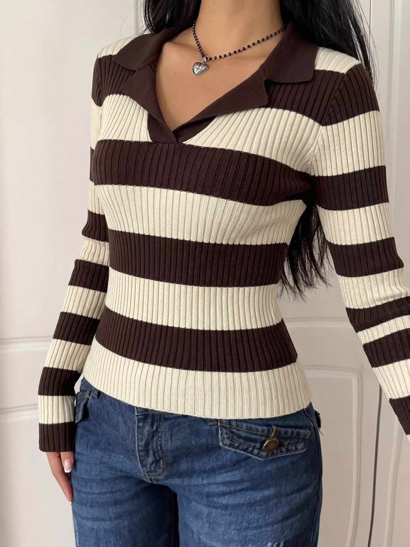 Striped Ribbed Knit Long Sleeve Sweater