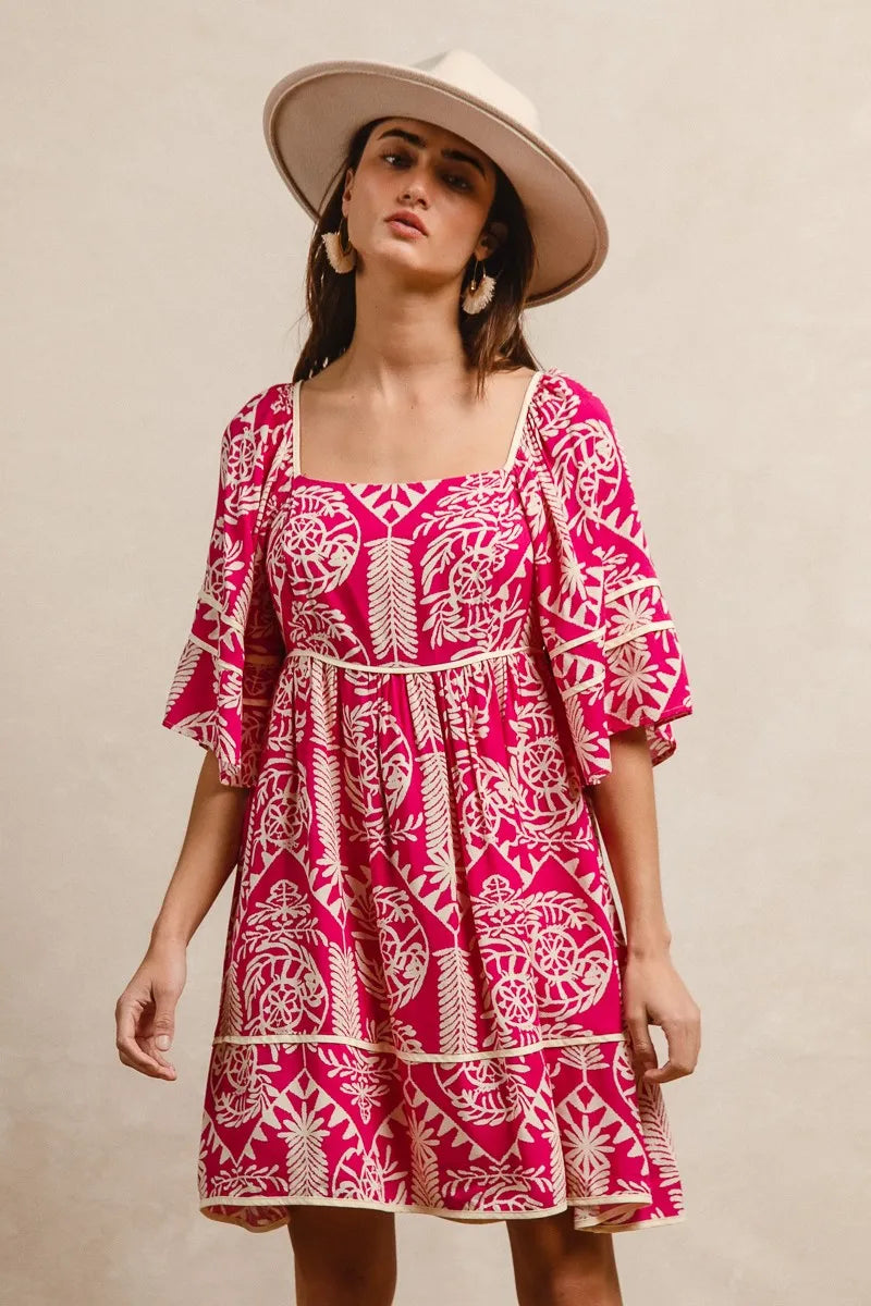 BiBi Aztec Woven Printed Contrast Binding Dress