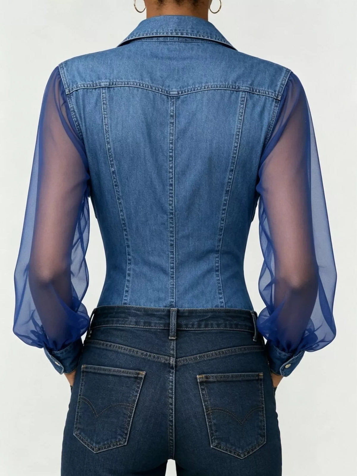 Full Size Slim-Fit Sheer Mesh Long Sleeves Shirt Plus Size