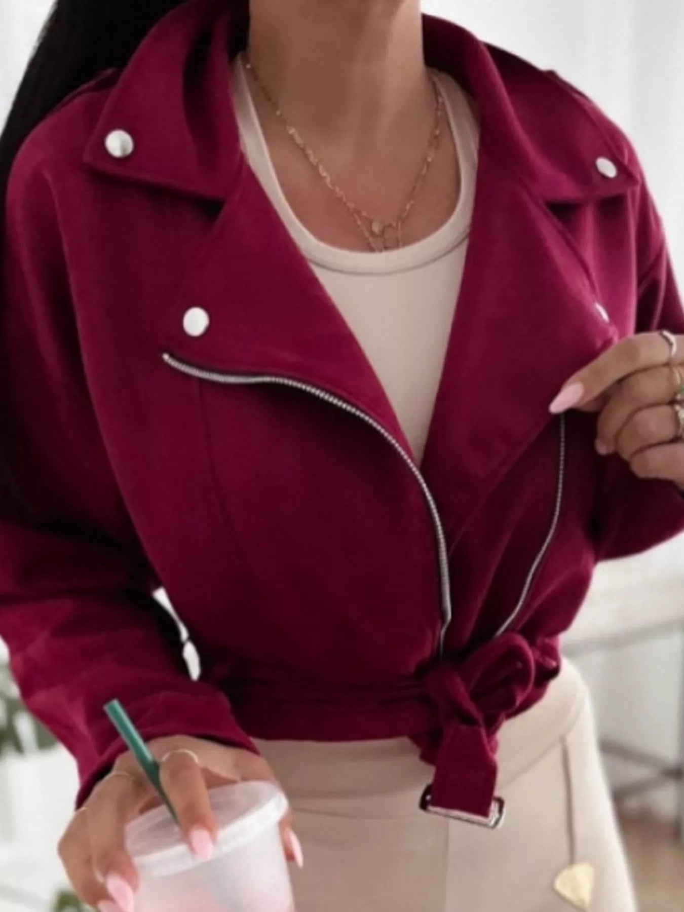 Cropped Biker Jacket with Belt Detail
