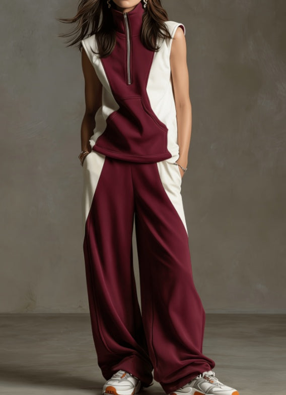 Women's Contrast Color Sleeveless Zip Collar Sportswear Set