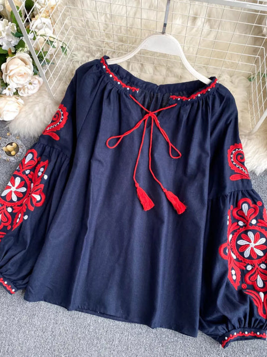 Embroidered Tassel Tie Neck Blouse