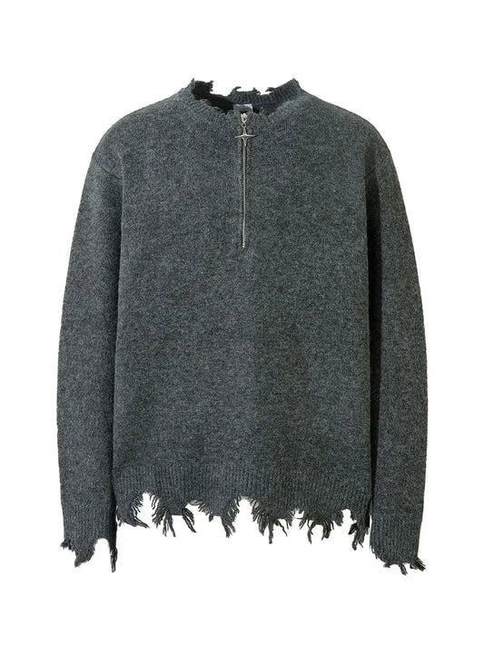 Men's Distressed Hem Half-Zip Sweater