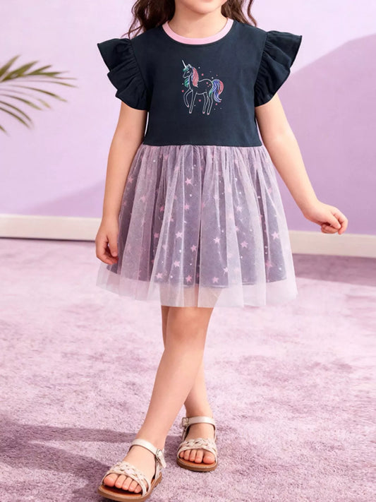 Children's Unicorn Graphic Ruffle Sleeve Tulle Dress