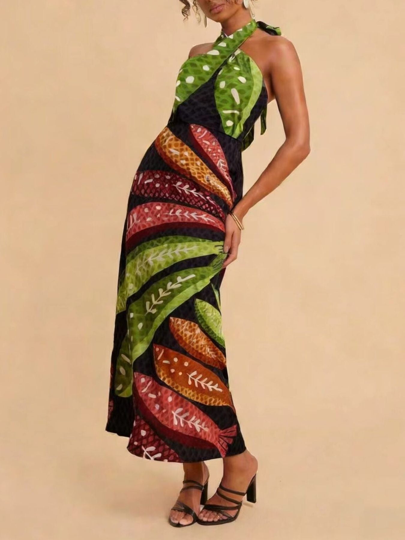 Tropical Print Halter Neck Midi Dress