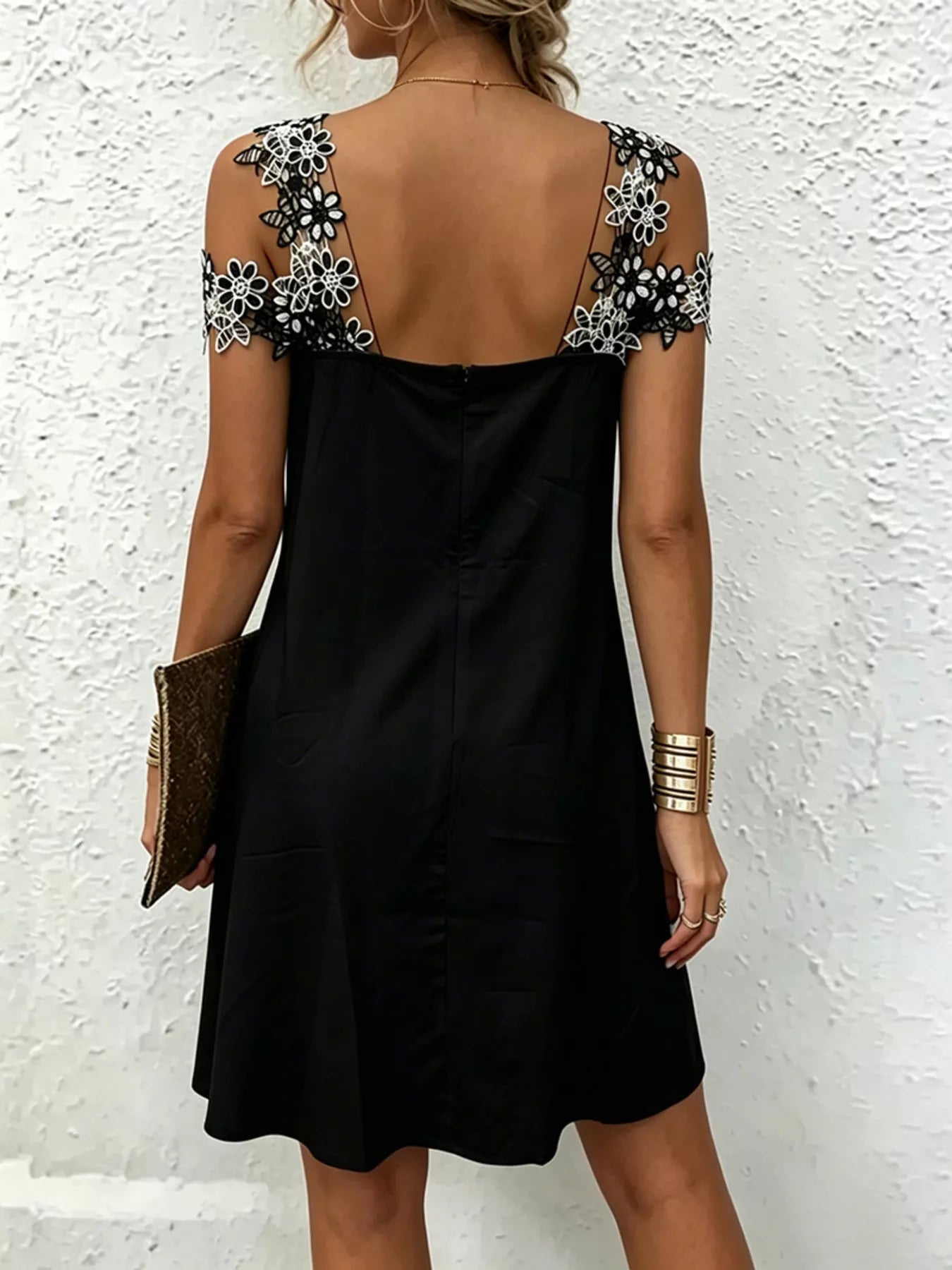 Lace Floral Trim Cold Shoulder Mini Dress