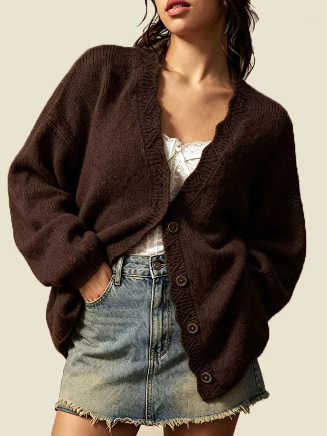 V-Neck Button-Down Knit Cardigan