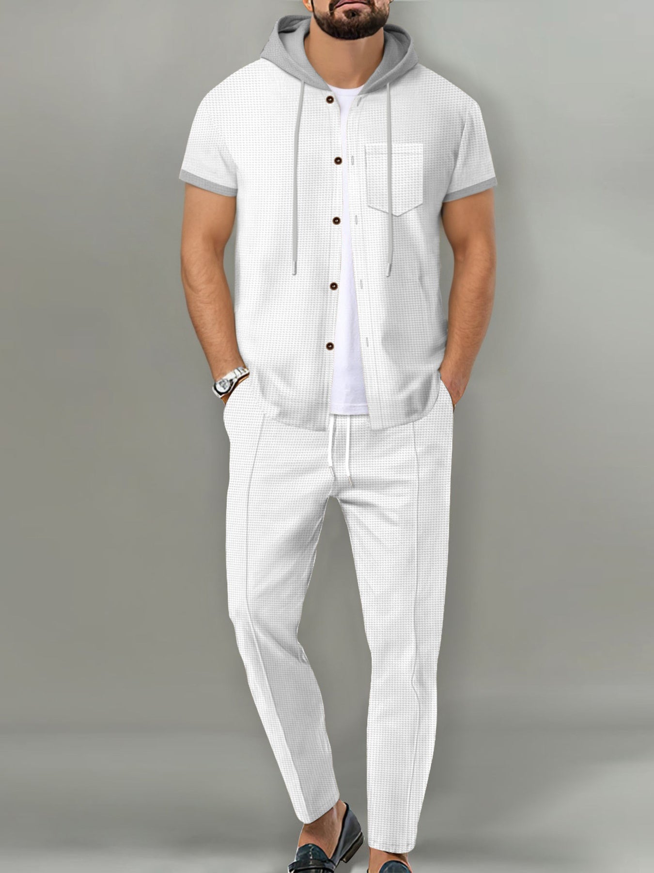 Men's Full Size Short-Sleeve Hooded Top and Shorts Set Plus Size