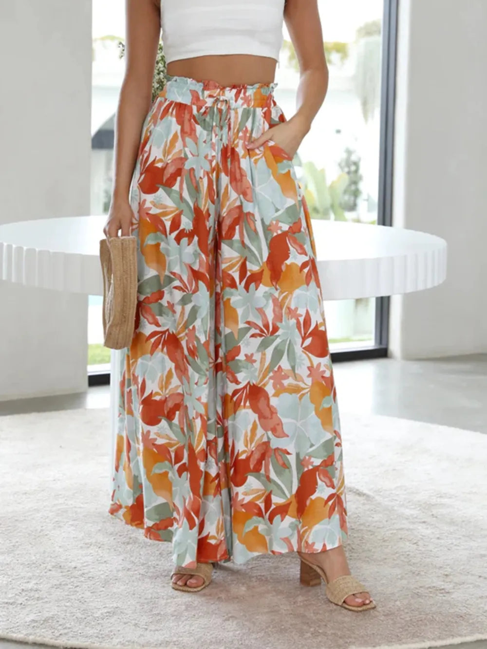 Drawstring Paperbag Waist Printed Wide Leg Pants